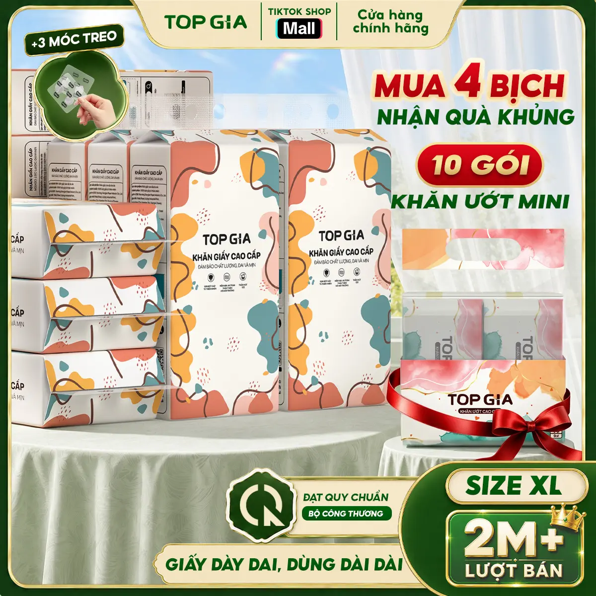 [TẶNG 10 GÓI KHĂN ƯỚT MINI] Thùng Khăn Giấy Đa Sắc Cỡ Đại 4 Bịch Treo Tường Tiện Lợi - An Toàn, Giấy Ăn TopGIa Bản Khổng Lồ Size XL, Đạt Quy Chuẩn Bộ Công Thương (RDS17)