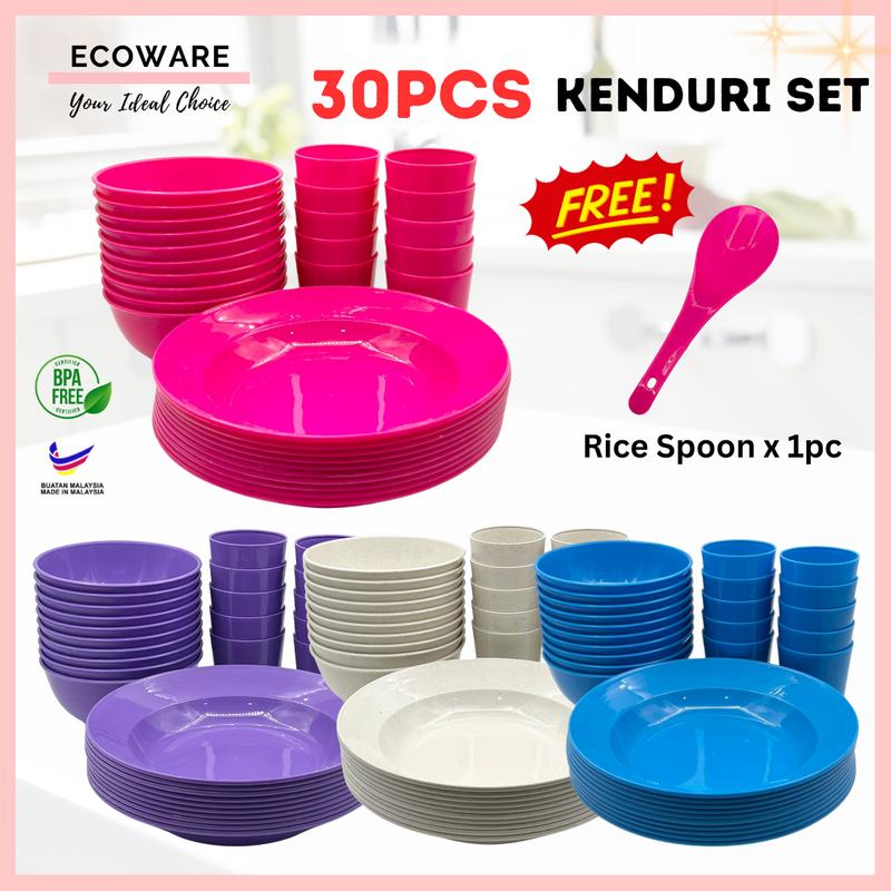 ECOWARE 30pcs Kenduri Set/ Party Set 30pcs/ Plastic Plates Cups Bowls Set/ High Quality Food Grade for Kenduri Banquet 0