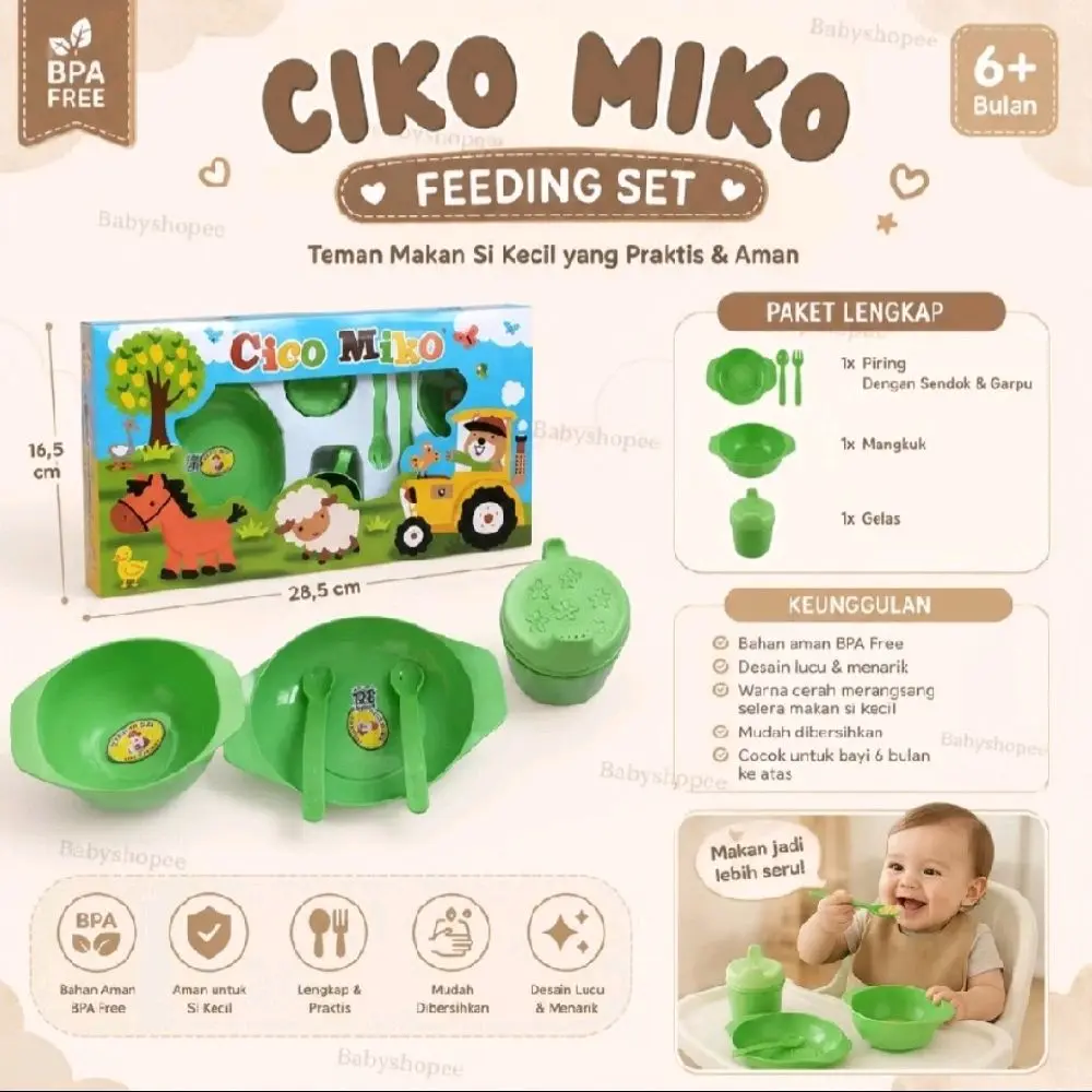 Cicomiko TEMPAT PERALATAN MAKAN SET BAYI FEEDING SET CIKO MIKO Perlengkapan Pink Sendok & Piring Bebas BPA Motif Menarik untuk Bayi Anda