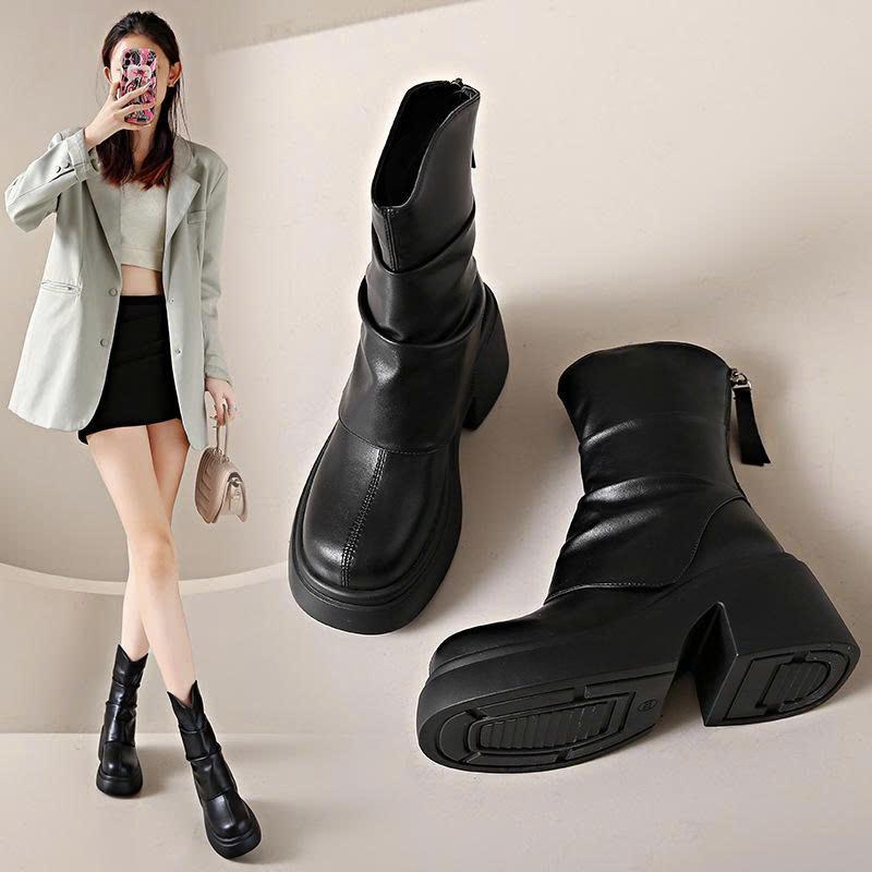 Bốt Lửng Nữ Đế Xuồng Gót Chunky - Bốt Da Mờ Khóa sau Xinh Xắn MSP: A9