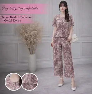 Goemio | [Pre-Order] One Set Rania Setelan Katun Mini Atasan Lengan pendek Dan Celana Panjang Wanita Casual Simple