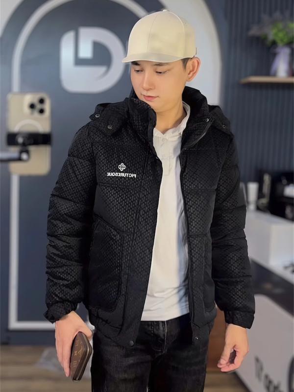   HÀNG MỚI VỀ . Áo Phao Nam Nhung In Nhiệt Hoạ Tiết Chữ R Túi Hộp 2 Màu Đen Xám 