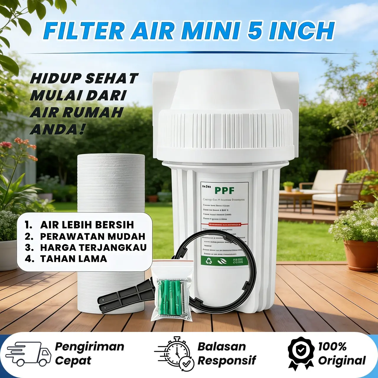 Paket filter Air 1 Tahap 5 Inch + Filter PPF 5 Micron / Filter Sedimen / Filter Air Toren / Filter Air kran / Berpasir – Der Doly Clear & Putih, 5 Inch