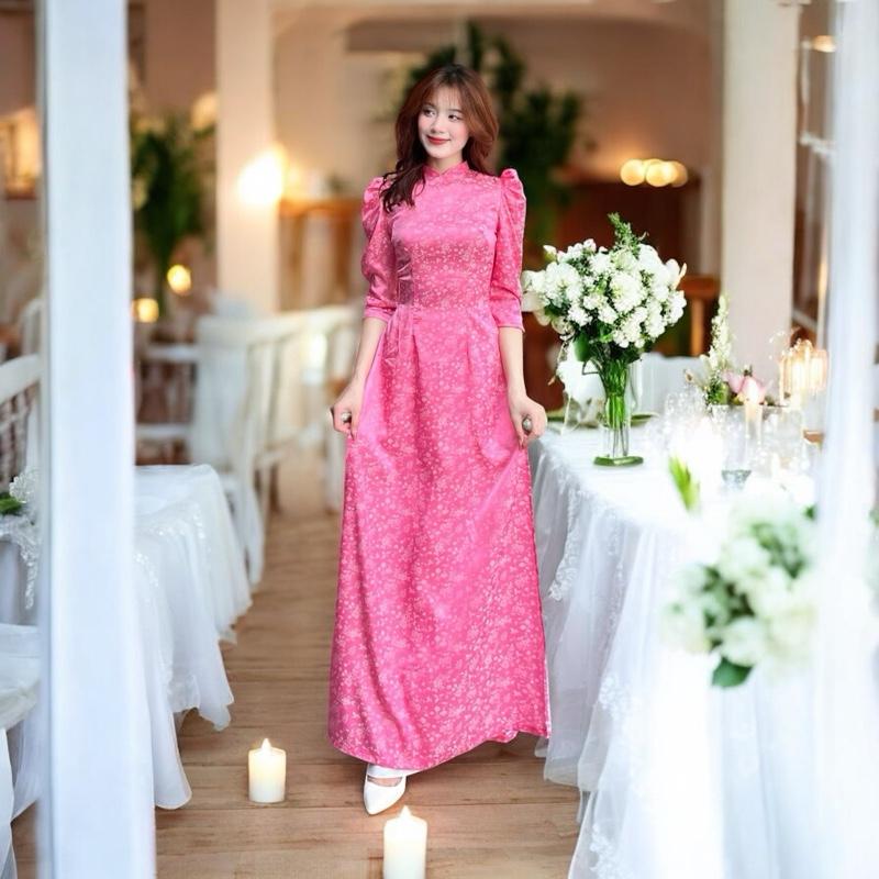  Bộ Áo Dài Gấm Lụa Mềm  Màu Hồng Đào Cao Cấp Cổ Cao 2cm Tay Phồng Lỡ Kèm Quần Lụa Sang. 