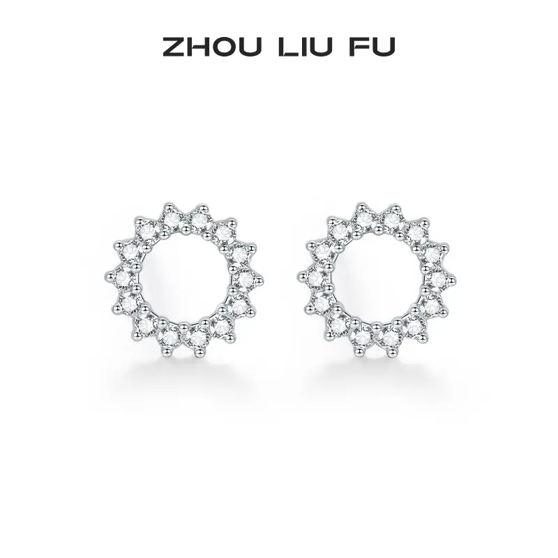 ZHOU LIU FU S925 Sterling Silver Cubic Zirconia Diamond Hollow Circle Stud Earring J0912822