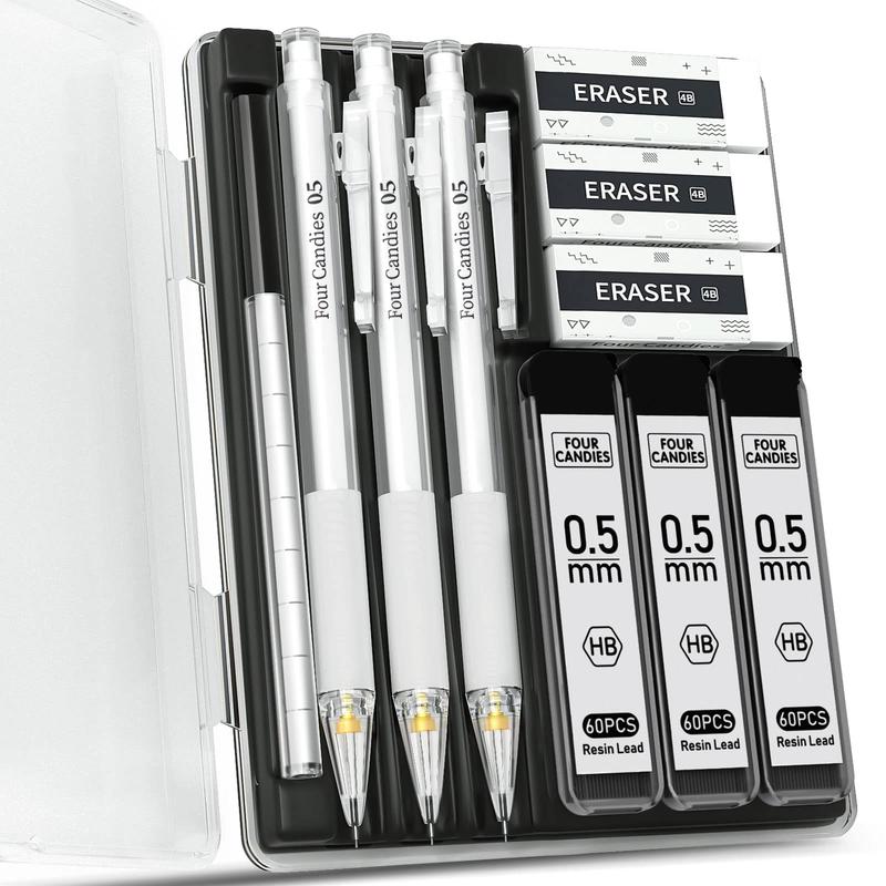 Bộ Bút Chì Cơ Bốn Kẹo Ngọt Có Hộp Đựng 3 Chiếc Bút Chì Dễ Thương 0.5Mm 0.7Mm Với 180 Chiếc Nạp Chì HB Tẩy 3 Cái Và 9 Cái Nạp Tẩy Bút Chì Cơ Trong Suốt Màu Trắng Thích Hợp Cho Học Sinh Vẽ Và Viết