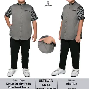 Setelan Celana Kemeja Koko Anak Usia 3-13 Tahun Lengan Pendek Abu Tua Katun  Muslim B2107