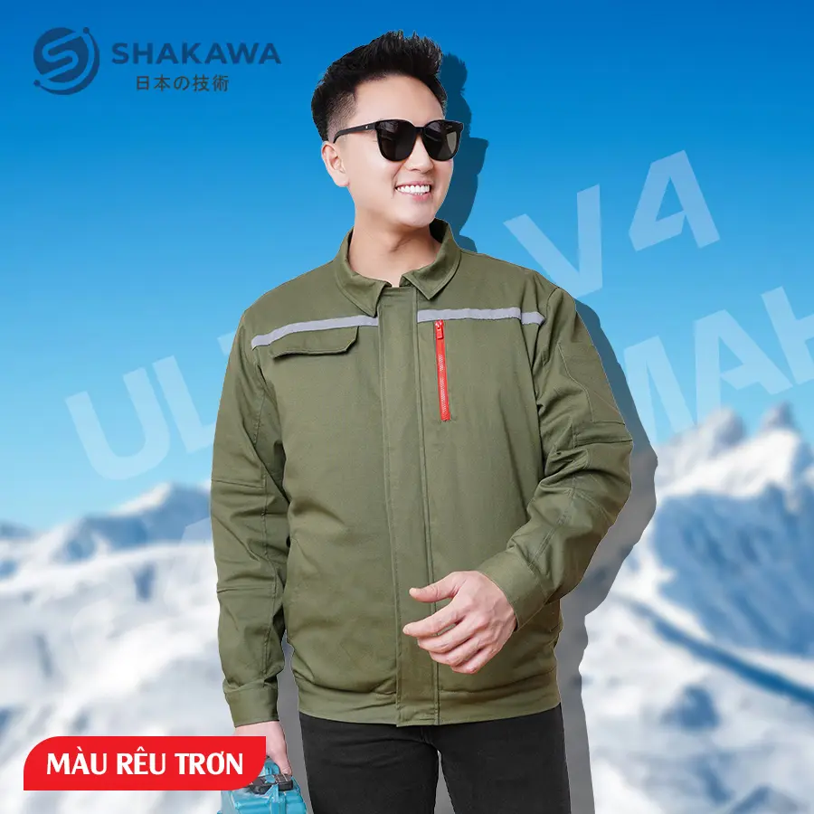 Áo điều hòa Shakawa công nghệ Nhật Bản gồm Áo mẫu K1 màu rêu chất kaki + Bộ pin quạt Ultra V4 (tặng kèm bóng đèn năng lượng mặt trời có điều khiển từ xa)