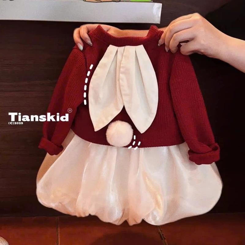  5-18kg  344  Set gồm áo khoác Cadigan + Váy bí ngô sát nách chất Tăm thỏ ấm áp cho bé gái mặc noel mặc tết siêu xinh  XMGY  