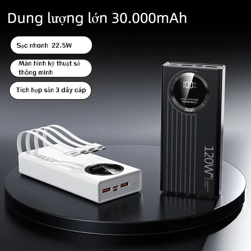 Nguồn điện di động, hỗ trợ sạc nhanh,kèm 4 dây cáp sạc LED hiển thị kỹ thuật