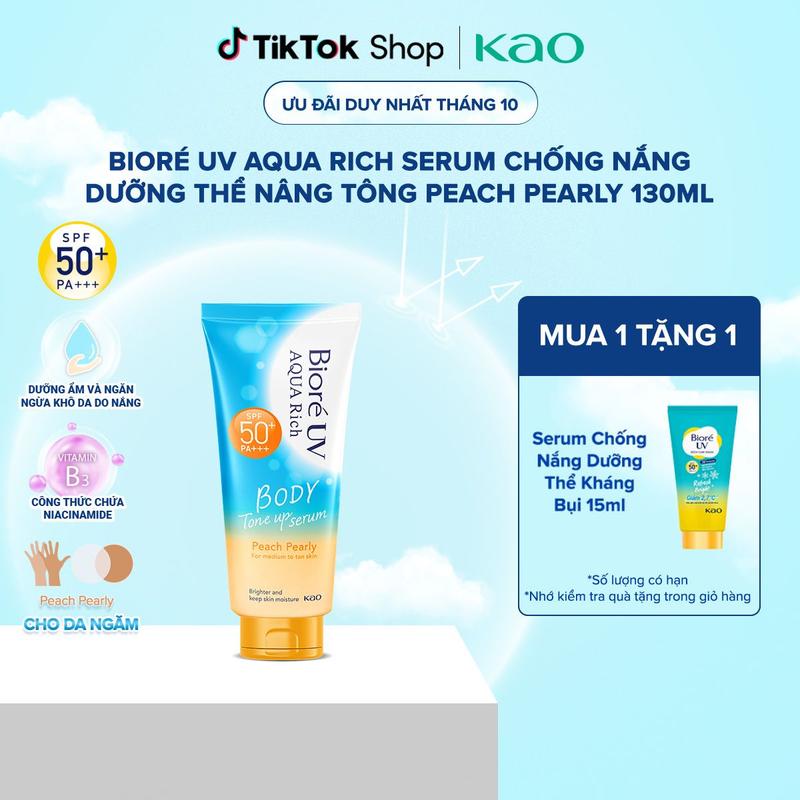 [Livestream] Biore UV Aqua Rich Serum Chống Nắng Dưỡng Thể Nâng Tông Peach Pearly 130ml kem chống nắng body biore