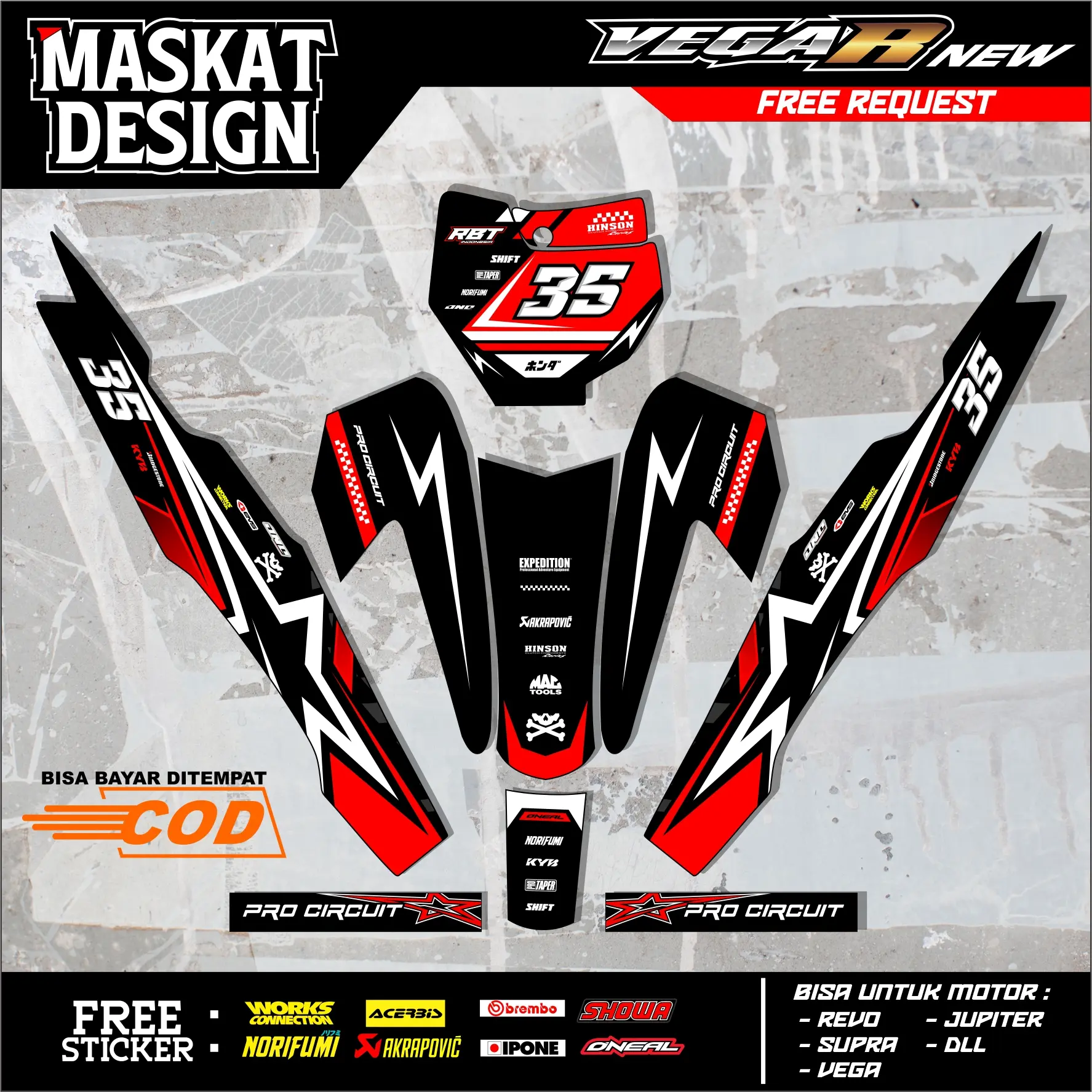 Sticker Motor RBT/GTX VEGA R New: Modif SUPERMOTO YZ CRF KLX KX KTM RBT GTX - Maskat Design 24.08 Motorcycle Glosy