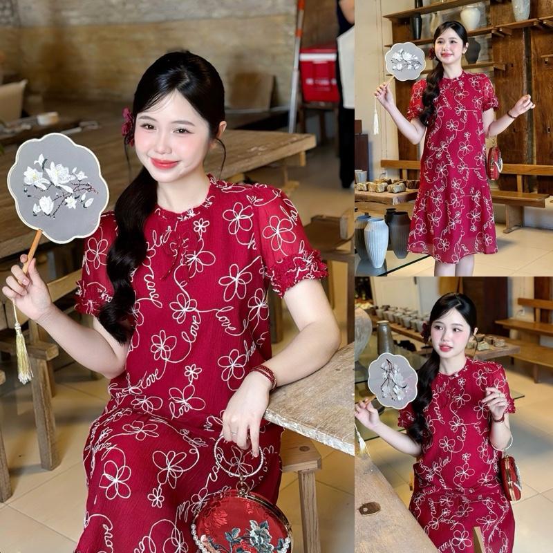  Đầm bầu Moga hoa thêu cổ bèo tay bèo form đuôi cá thanh lịch cho mẹ đi tiệc mang Tết 