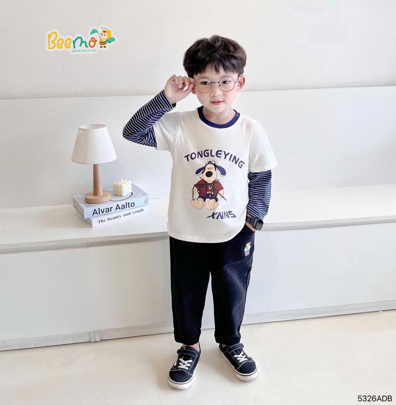  Áo thun dài tay Beemo phối tay kẻ in hình chú chó vải thun co giãn cho bé trai từ 9-24kg 5326ADB 