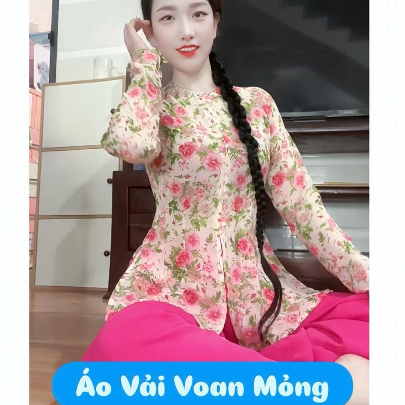 Bộ bà ba nữ áo lẻ vải voan hoa quần lụa hồng Ngọc màu cổ tròn dây khóa kéo sau lưng phom dài