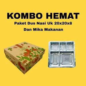 50 Pcs Dus Nasi Motif uk 20x20x7 dan Mika Sekat 5 | Kardus Nasi/Kue | Mika Makanan |