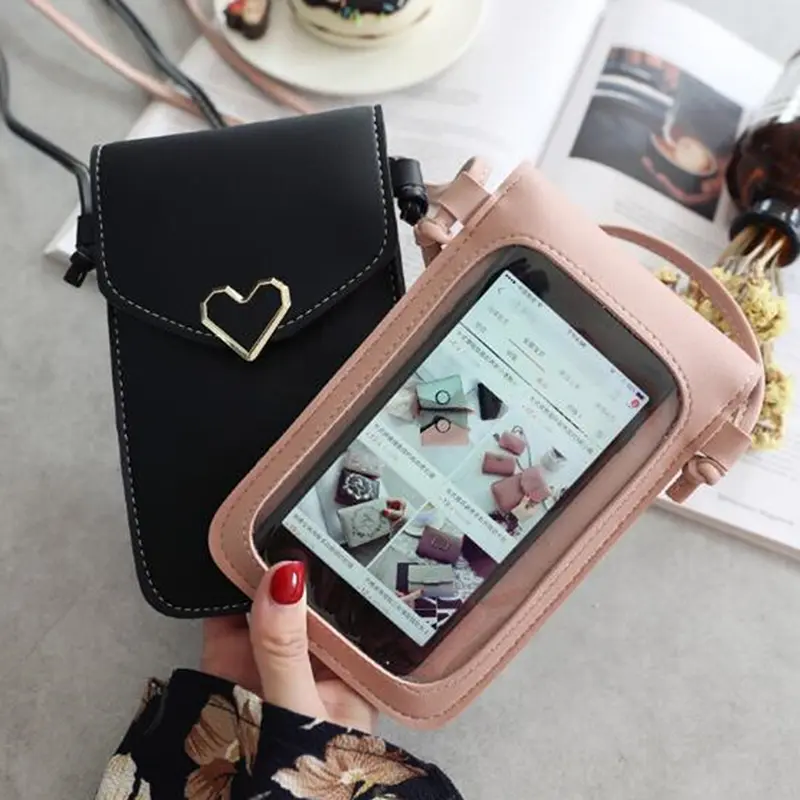 Women's heart-shaped decoration transparent touch screen simple retro mobile phone bag