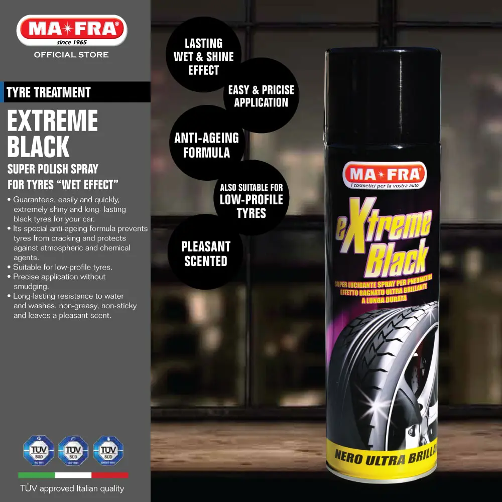 Mafra Extreme Black Super Polish Tyres Spray 500ml (Ultra bright, anti cracking and wet effect wheels and tyres. Can be used for bicycles and motorcycles)