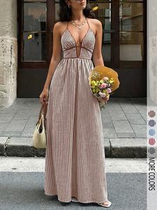 Vestido halter para mujer estilo vacaciones francés con rayas, cintura con corte en V profundo, bloques de color y largo hasta el suelo, falda de playa.