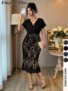 Vestido de talla grande, sólido con cuello en V y corte en línea A; elegante vestido con mangas obispo para fiestas, vacaciones y como invitada a boda; ropa de mujer para primavera y otoño