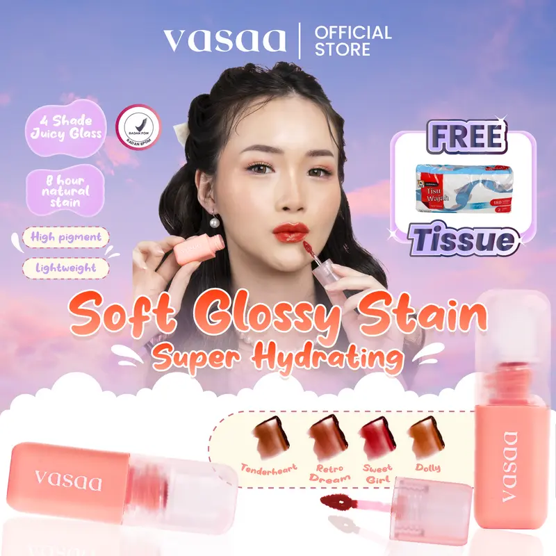 [Clearance Sale ED 2026] Vasaa Liptint Glossy Stain 3g Lip Stain Soft Stay Glassy Finish Lip Tint Ringan Tahan Lama Untuk Bibir Kering Girl Peach 0
