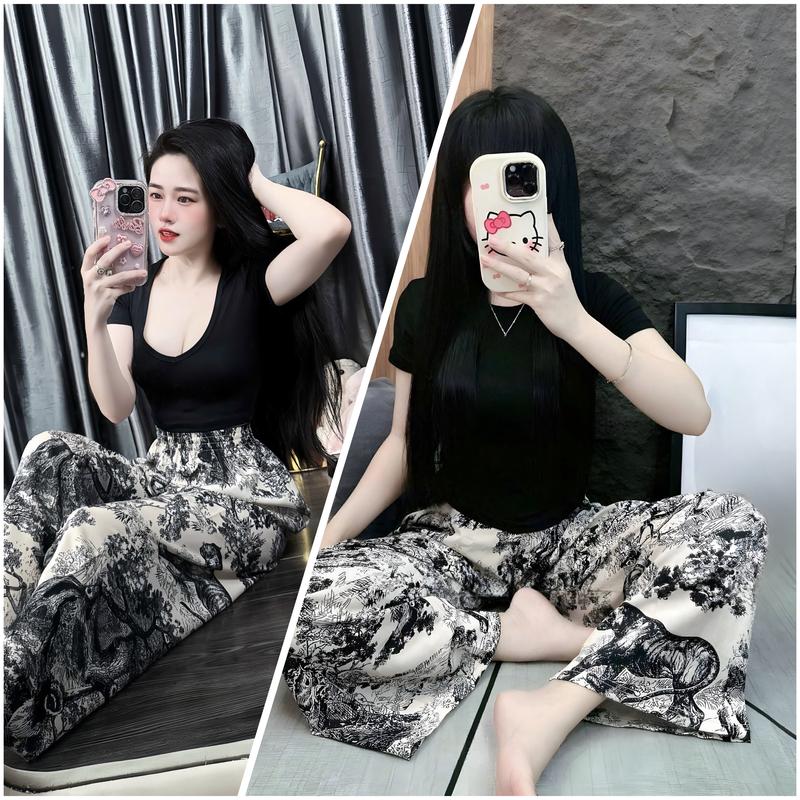Set áo thun croptop tay ngắn cổ tim màu đen (gắn tag chữ D) kèm quần ống rộng rừng - hàng chuẩn ảnh