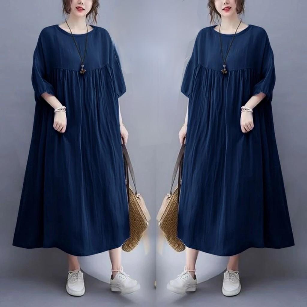 Davina Dress Jumbo Rayon remium lengan karet 7/4 dress midi oversize korean style Casual Wanita Nyaman Basic Katun Gaun Panjang Formal
