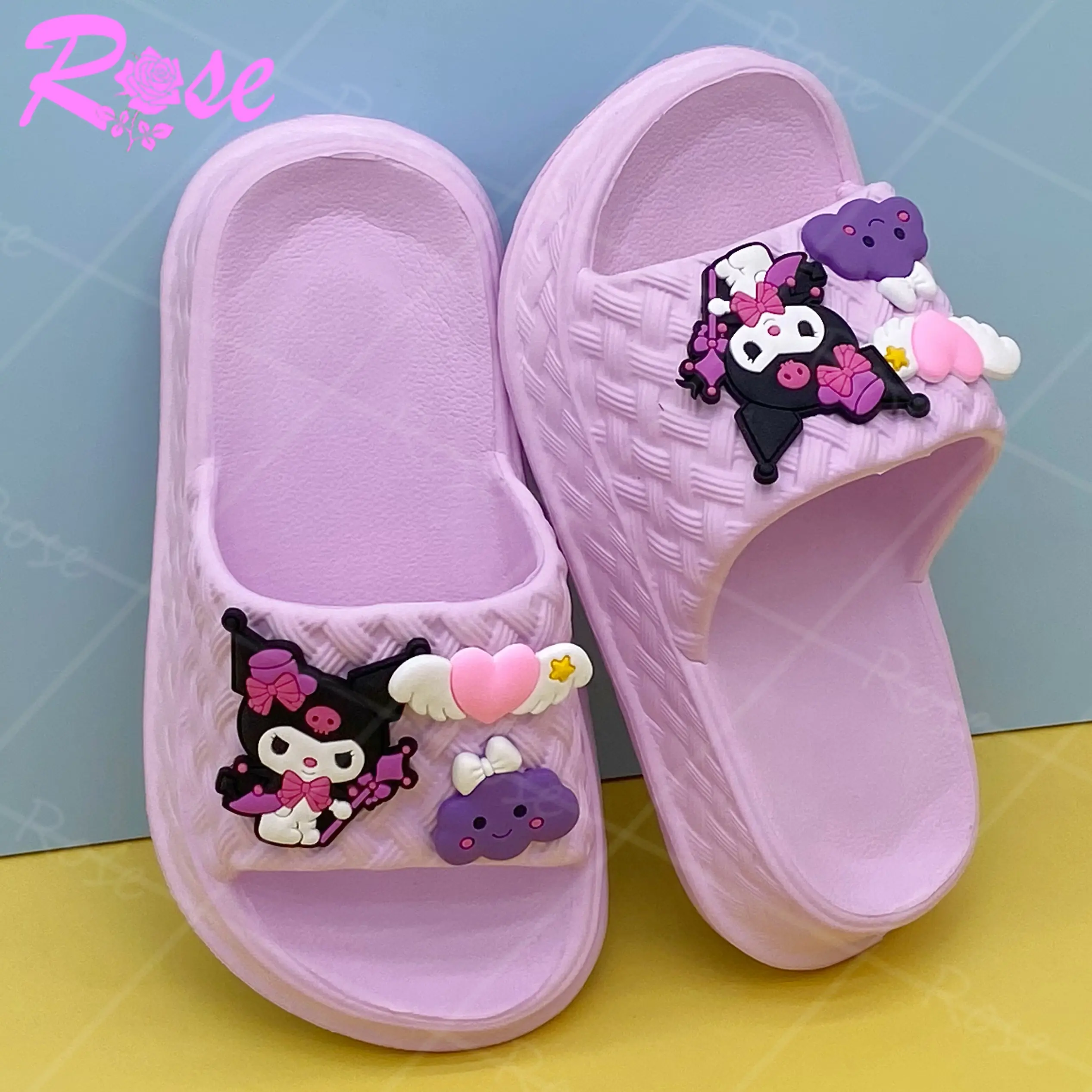 【ROSE】Sanrio Kuromi Cute Cartoon Children's Slippers New Style Girls Summer Home Furnishing SIze(24-35)#9858-1SM