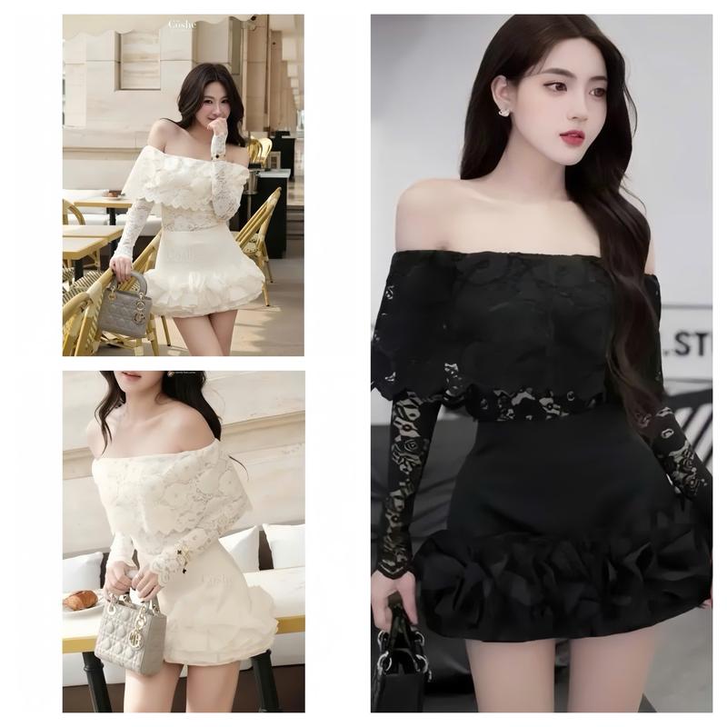 Deal Cả Set - Set Áo Ren Trễ Vai Phối Chân Váy Viền Bèo Lượn Sóng Thiết Kế