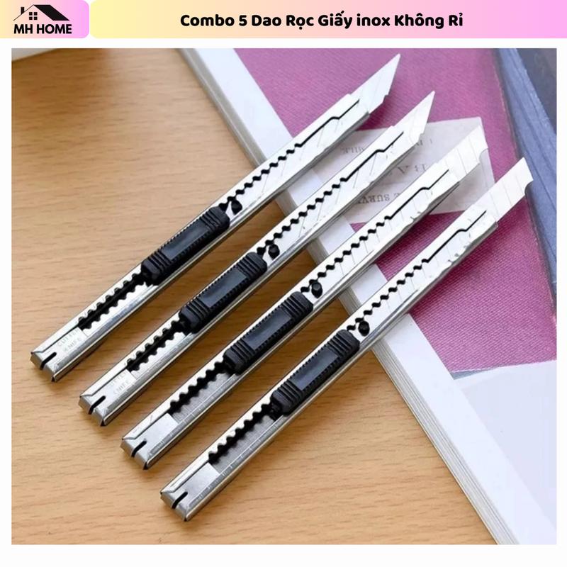  Combo 5 Dao Rọc Giấy inox Không Rỉ -Rọc Giấy Văn Phòng Vỏ Kim Loại có Móc Kẹp Tiện Dụng 