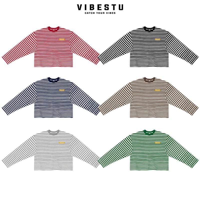   Phiên bản nâng cấp  Áo Thun Tay Dài Sọc Kẻ Form Boxy VIBESTU '' Logo vàng '' Áo Longsleev Unisex Cotton 250Gsm Menswear 
