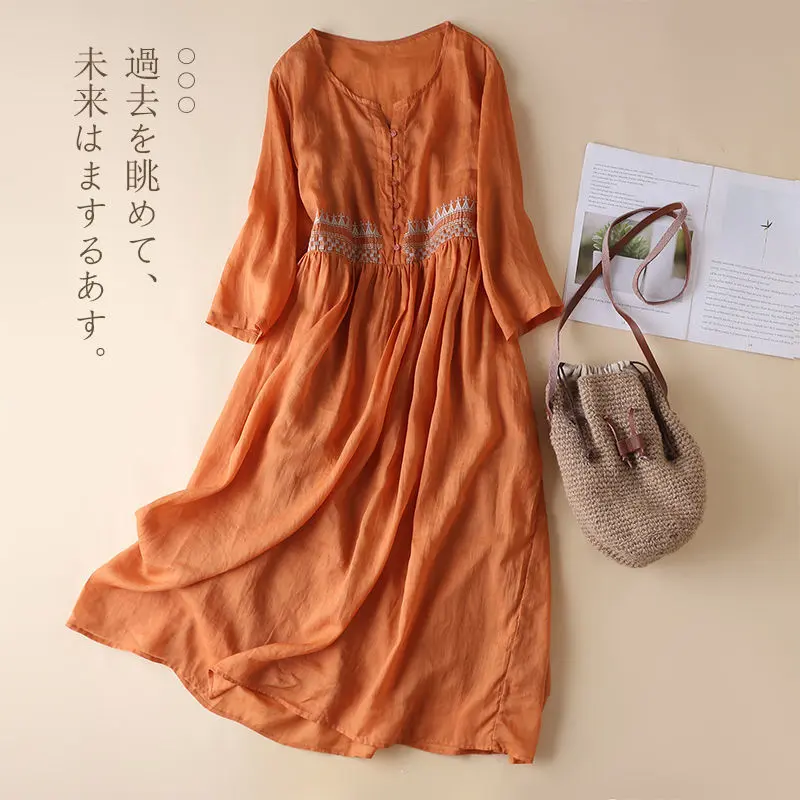 Váy Thêu Phong Cách Dân Tộc Cotton Nguyên Chất Mùa Xuân 2024 Với Phong Cách Nghệ Thuật Cổ Tròn Tay 9 / 4 Váy Cotton Dài Trung Bình Cho Trẻ Em (Có Cỡ Lớn)