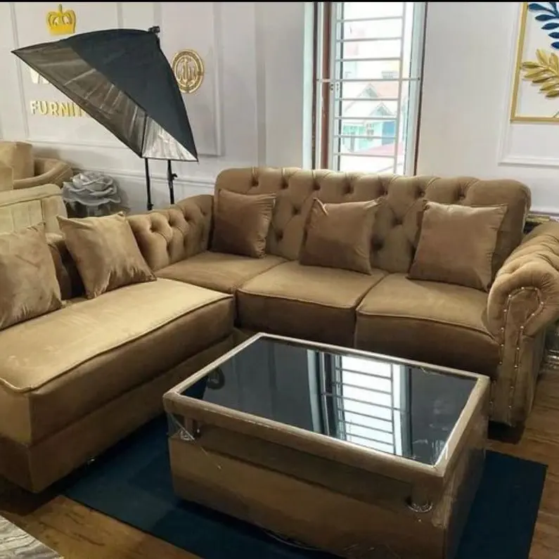 Sofa L Kancing Minimalis Bahan Bludru Halus lembut dengan Desain Modern dan Nyaman elegan mewah murah mewah elegan