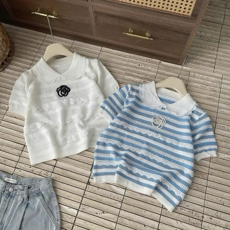 Áo len cổ sen phối ren đính hoa trà siêu xinh hàng Qc A8