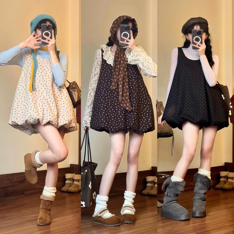  Váy Bí Dáng Phồng Chất Dạ Mềm Họa Tiết Hoa Nhí Bi Xinh Xắn Không Kèm Áo Trong Vintage Floral Bubble Dress Dành Cho Nữ by 247store 