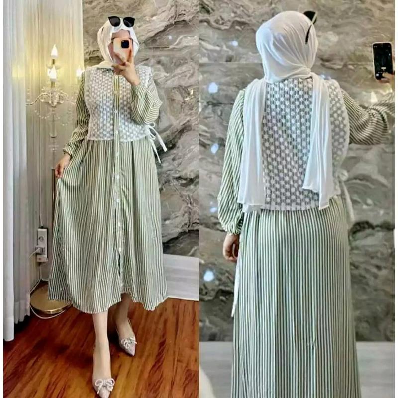 Long dress Tunik wanita Burkat Terbaru/Dress Tunik salur Ful kancing Kekinian/Tunik dress midi motif kombinasi Burkat Premium 4