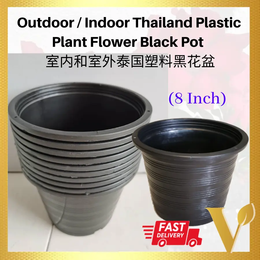 10 Pcs [8 Inch, 19cm] Outdoor / Indoor Thailand Plastic Plant Flower Black Pot  Thailand Pot Bunga