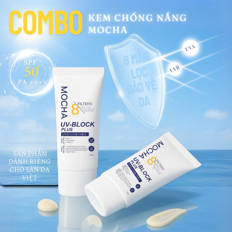 Combo Kem Chống Nắng Mocha Derma 7 Màng Lọc, Mua 2 Được 4, Kèm Sữa Rửa Mặt Provitamin B5