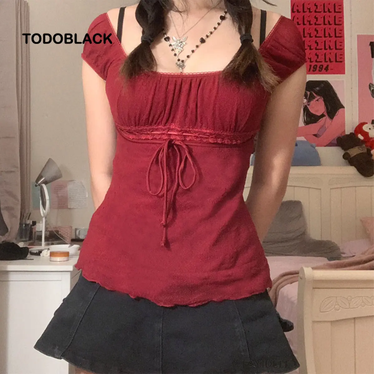 Áo Trễ Vai ngắn Tay, TODOBLACK Y2K, Thời Trang Hàn Quốc Mùa Hè, Áo Thun Nữ, Có Màu Đen / Trắng / Đỏ, DF-1794