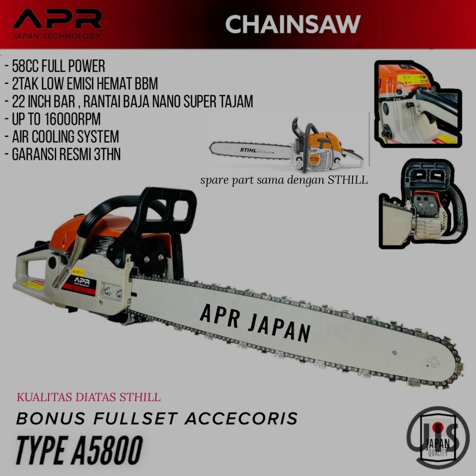 Mesin Chainsaw Senso Kayu APR Japan Technology A5800 22 Inch 2 Tak 58cc