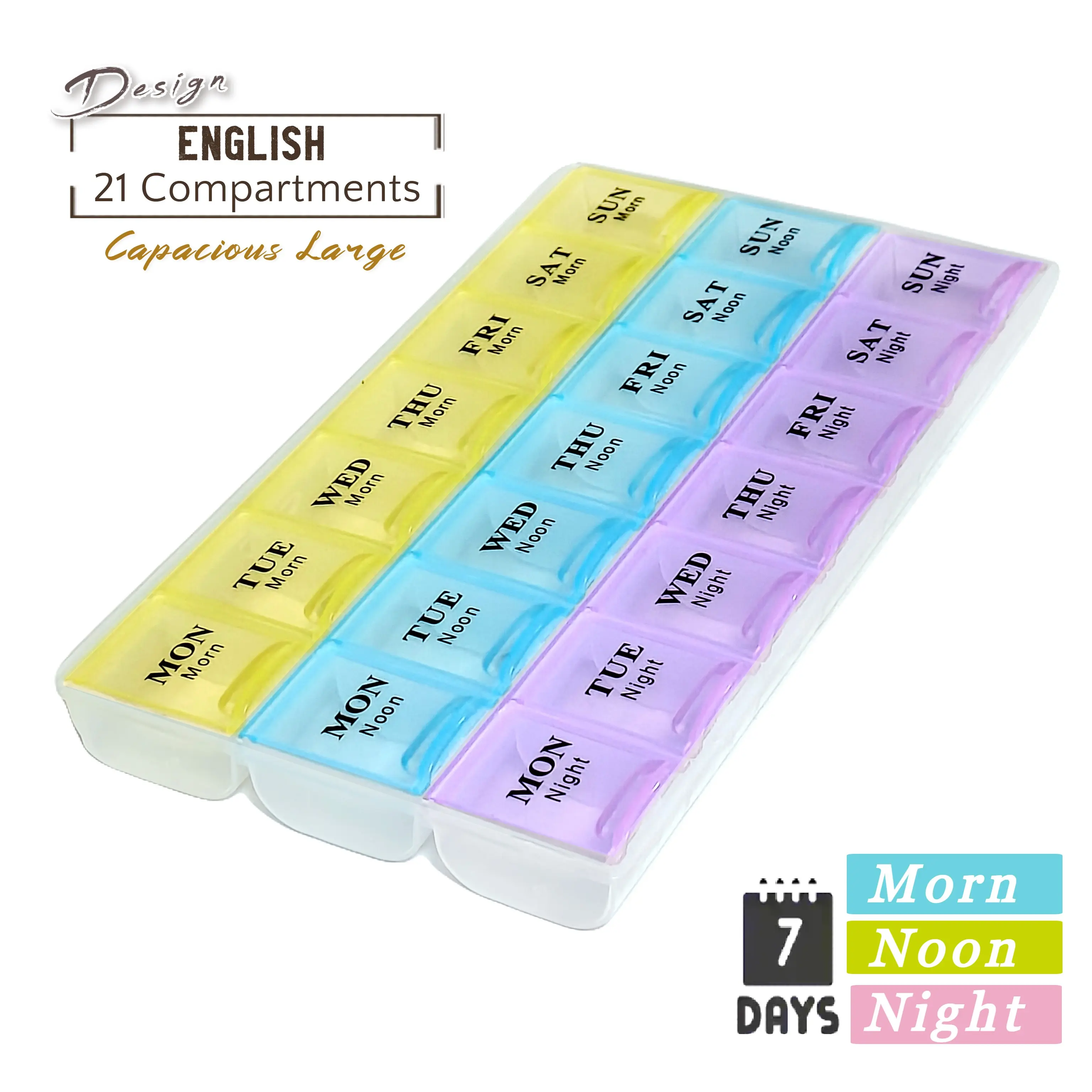 Capacious Large 21 Compartment (Chinese/English) Medicine Box Pill Organizer Medication Supplement Storage Case (21x12x2 cm) Healthcare Aid Premium Stylish