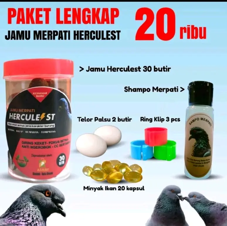 Jamu Merpati Giring Keket30 Butir Paket Lengkap Bonus Minyak Ikan 20 Butir - Telur Palsu 2 Butir - Sampo Merpati 1 Botol - Ring Jepit 3pcs
