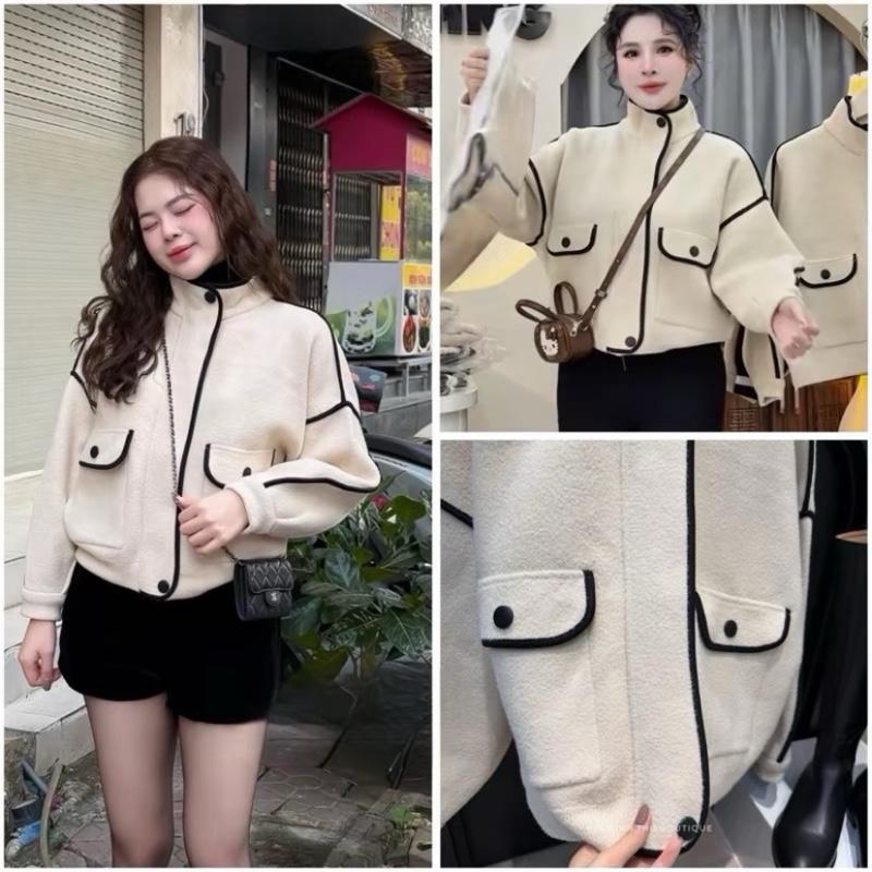   Dạ Ép 2 Lớp  Áo Khoác Dạ Cổ Đứng Túi Nắp Viền Đen – Lên Form Xinh Dễ Phối Đồ 