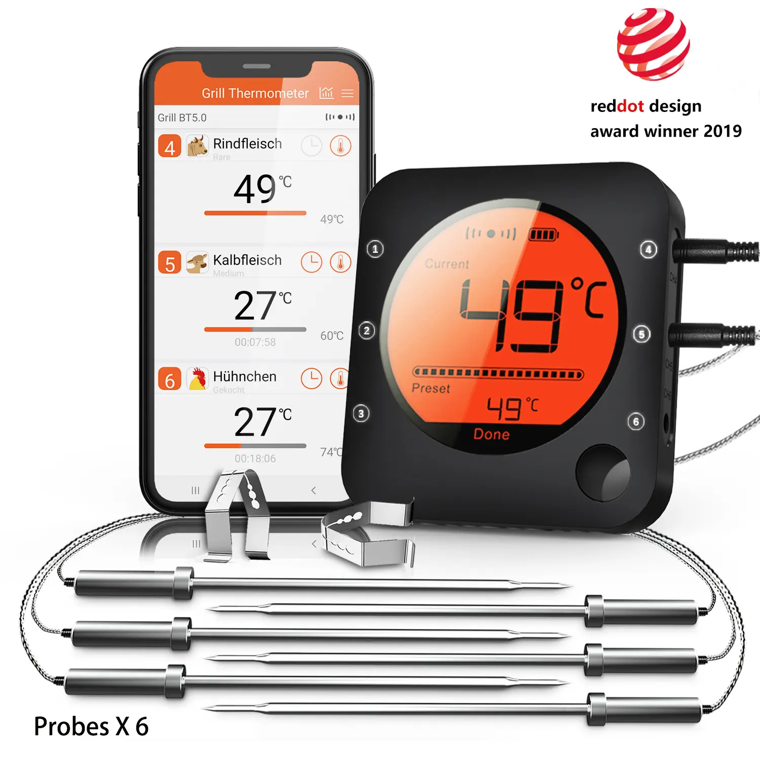 Wireless Bluetooth Meat Thermometer Digital BBQ Kitchen Thermometer Support 6 Probe for Cooking Grill Oven Candy