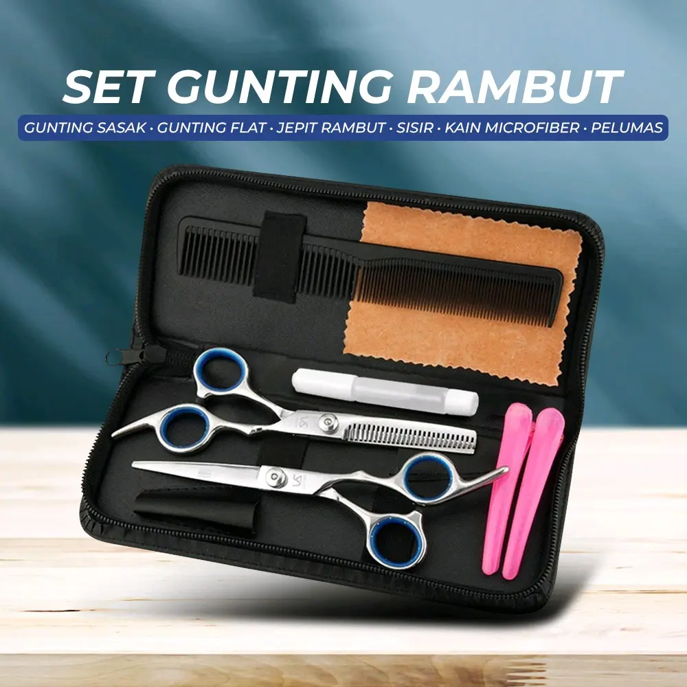 KNIFEZER Peralatan Set Gunting Rambut Salon Profesional / Gunting Sasak dengan Aksesoris Jepit Sisir Jepitan Steel