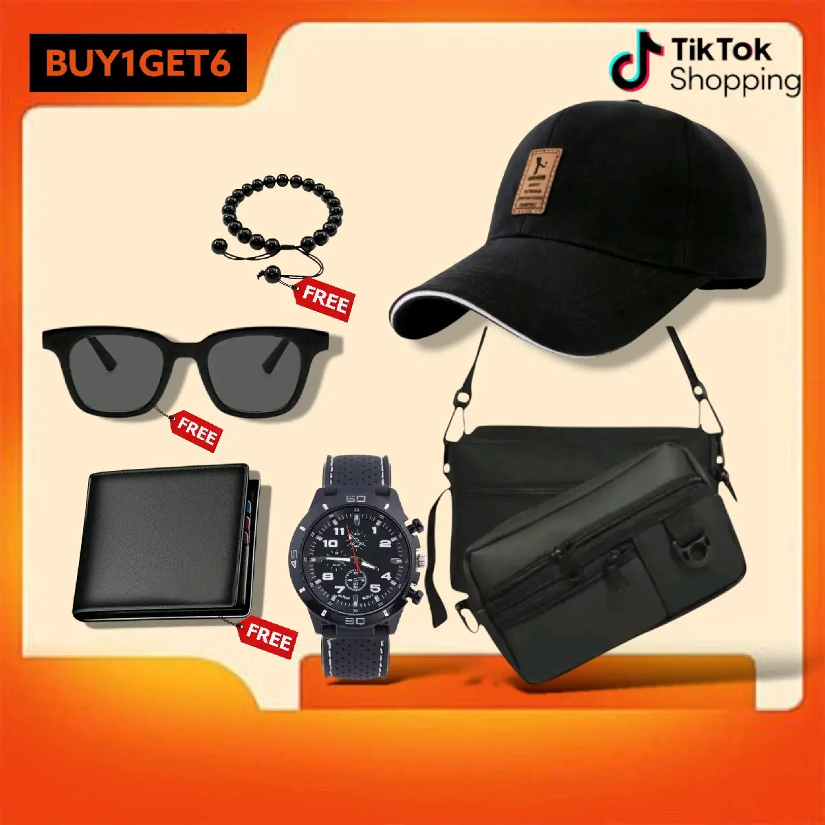 BANDLING EDISI BUY 1 GET 6 PRODUK TOPI BASEBALL DISTRO,TAS HANDBAG,SLINGBAG free jam,dompet kacamata dan gelang Selempang Hitam