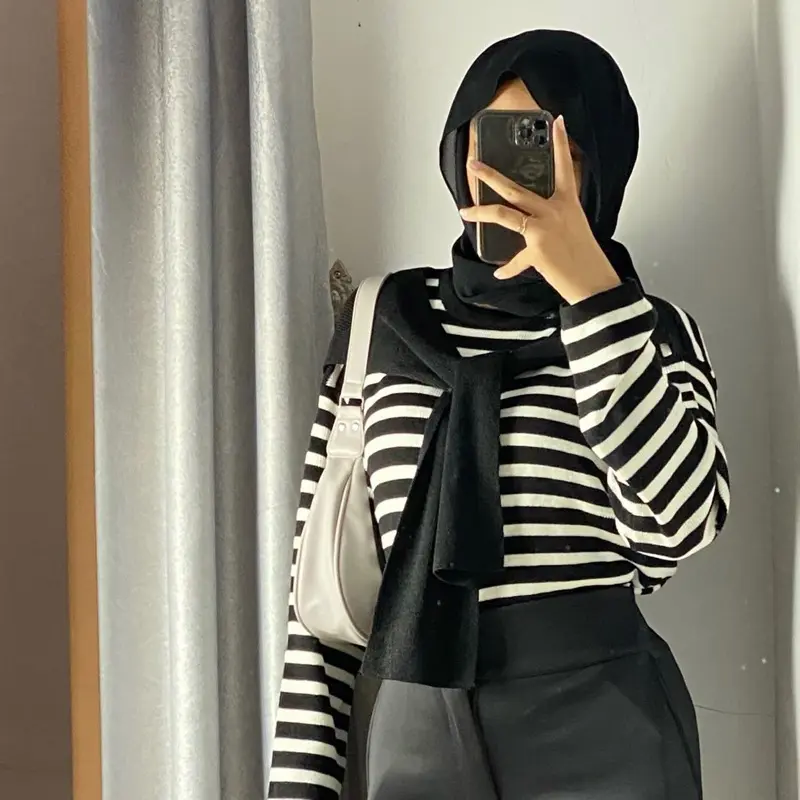 ALIKA Stripe Knit.Atasan Blouse Wanita.Sweater Rajut Syal menyatu