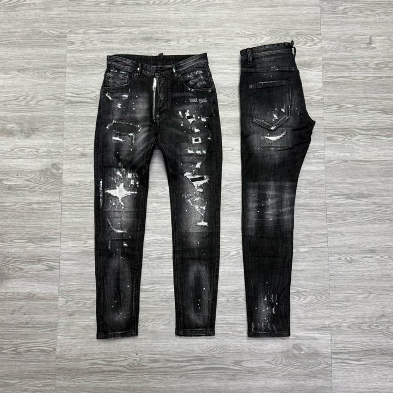 QUẦN JEAN NAM MÃ D2-29 ĐEN XÁM RÁCH KHOÁ LỆCH VẨY SƠN 4 CÚC BÒ DÀI CAO CẤP CO DÃN PHOM ÔM CHÂN DS-Q Có Túi