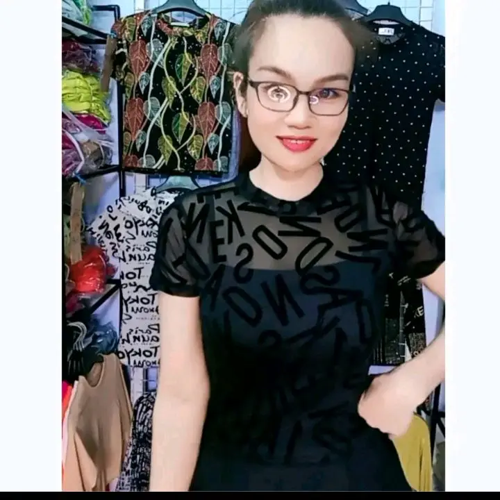 Áo Thun Lưới Tay Ngắn 2 Lớp Phom Vừa Dáng Ôm Women Nữ Top Cổ Tròn