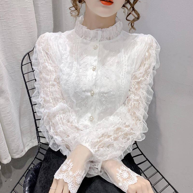 Áo Sơ Mi Ren Dài Tay, Dành Cho Nữ, Hàng Mới Về Mùa Xuân 2023, Phong Cách Hàn Quốc, Dáng Rộng Vừa Vặn, Ngoại Cỡ, Mỏng Khoe, Áo Cổ Chân Đế Thời Trang Đơn Giản, Áo Sơ Mi Nhỏ